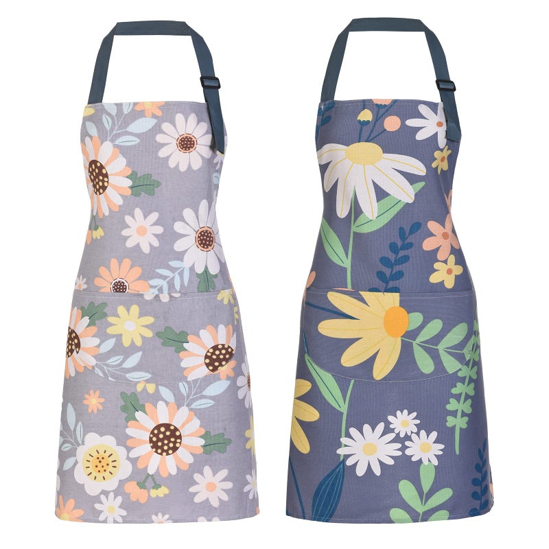 ARBINSON 2 Pack Floral Apron for Women with Pockets, Adjustable Cotton Chef Aprons for Kitchen, Cooking, BBQ & Grill (Green/Leaves) - Image 1