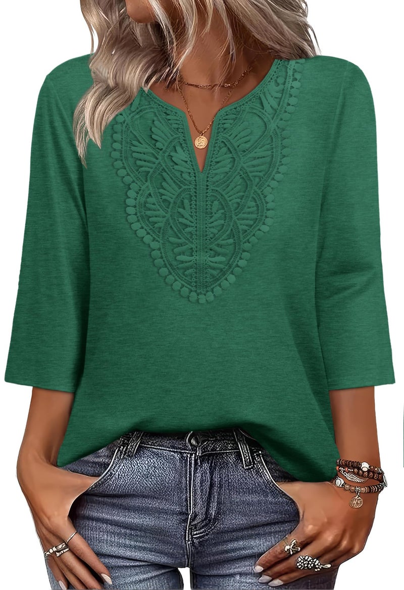 WIHOLL Green Tops for Women Summer Outfits 2026 Peasant Blouses for Women 3/4 Sleeve T Shirts Tunics Or Tops To Wear With Leggings Cute Shirts Boho 2026 Green Tees S - Image 2