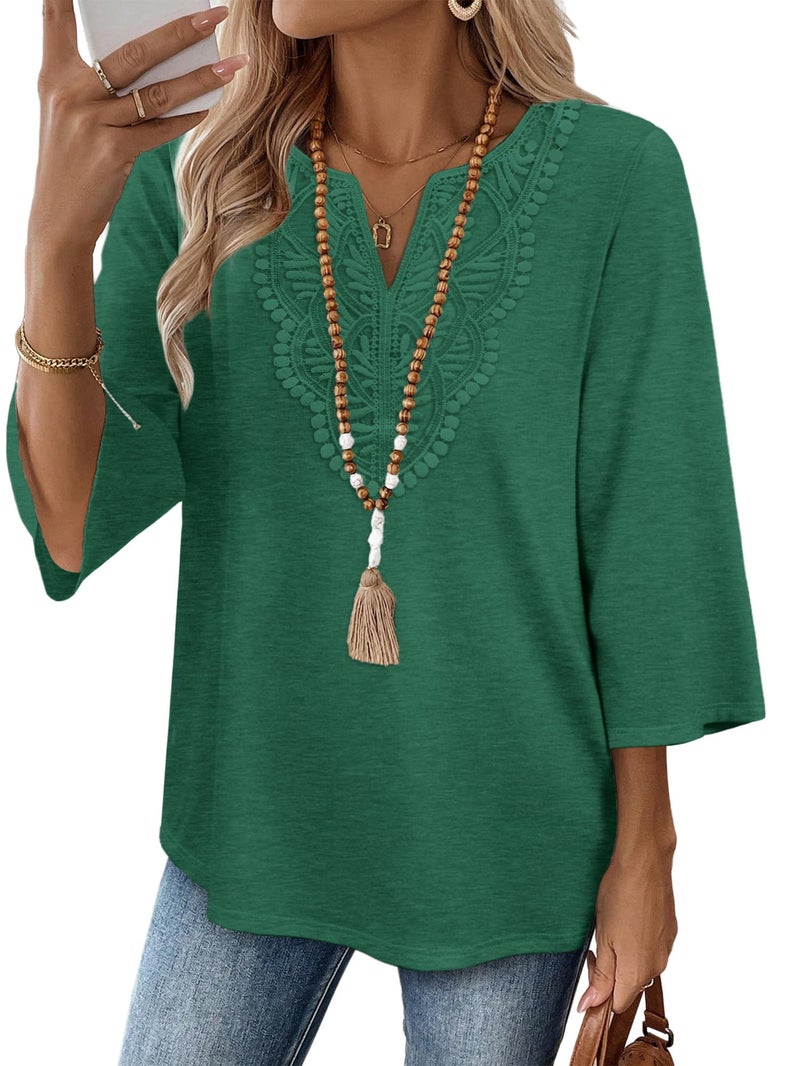 WIHOLL Green Tops for Women Summer Outfits 2026 Peasant Blouses for Women 3/4 Sleeve T Shirts Tunics Or Tops To Wear With Leggings Cute Shirts Boho 2026 Green Tees S - Image 1