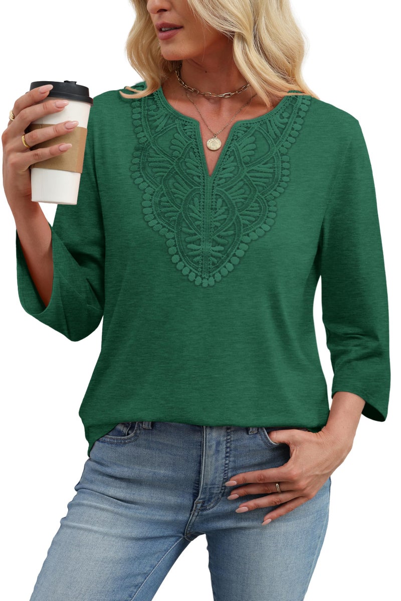 WIHOLL Green Tops for Women Summer Outfits 2026 Peasant Blouses for Women 3/4 Sleeve T Shirts Tunics Or Tops To Wear With Leggings Cute Shirts Boho 2026 Green Tees S - Image 3