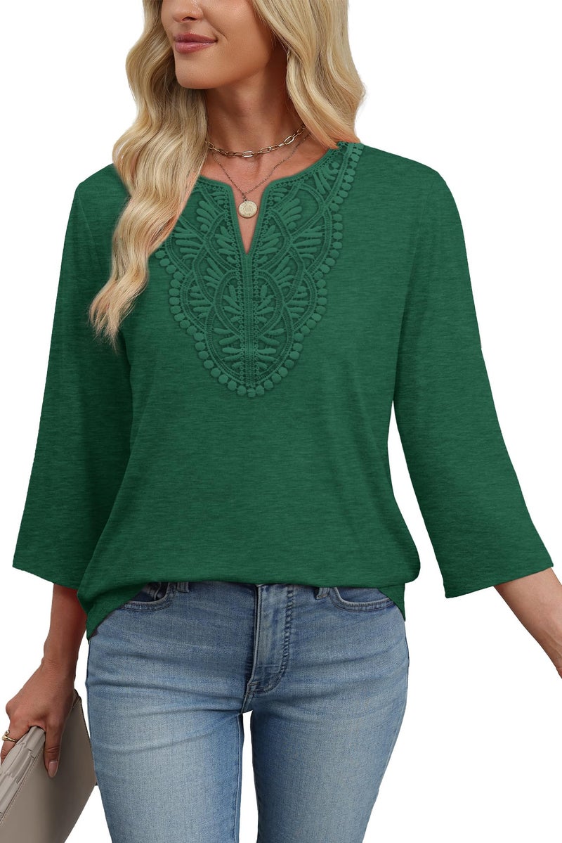 WIHOLL Green Tops for Women Summer Outfits 2026 Peasant Blouses for Women 3/4 Sleeve T Shirts Tunics Or Tops To Wear With Leggings Cute Shirts Boho 2026 Green Tees S - Image 4