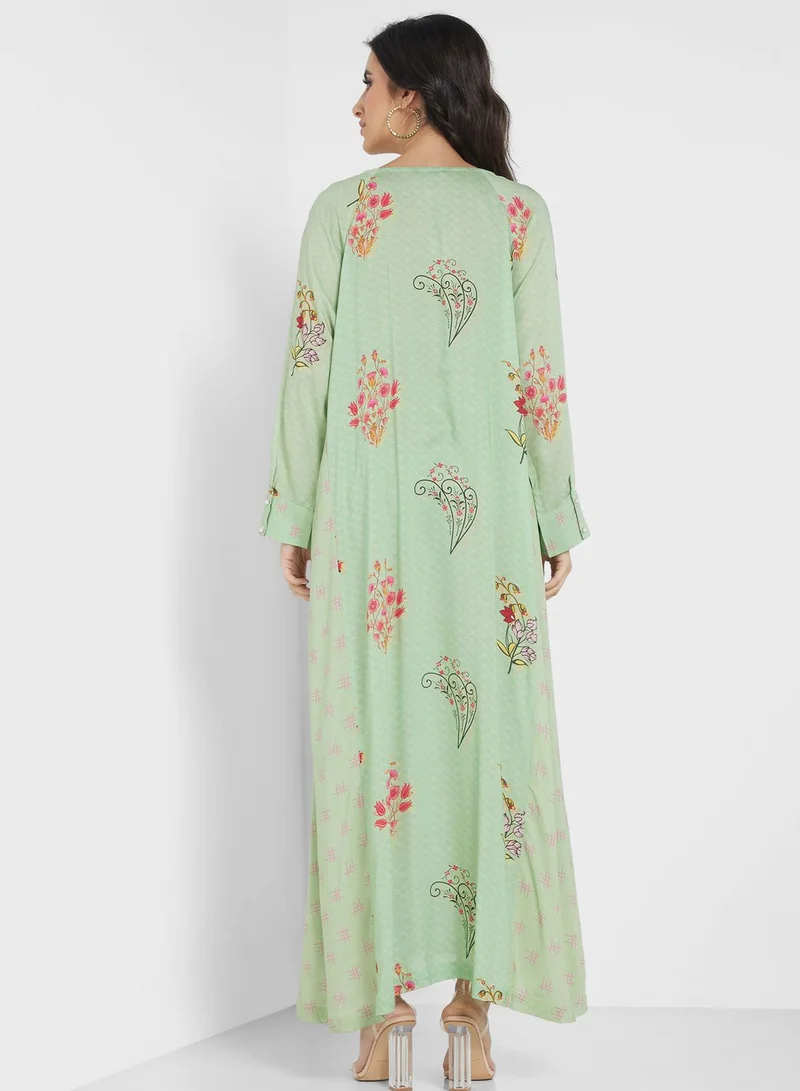 Nishat Linen Floral Keyhole Neck Jalabiya