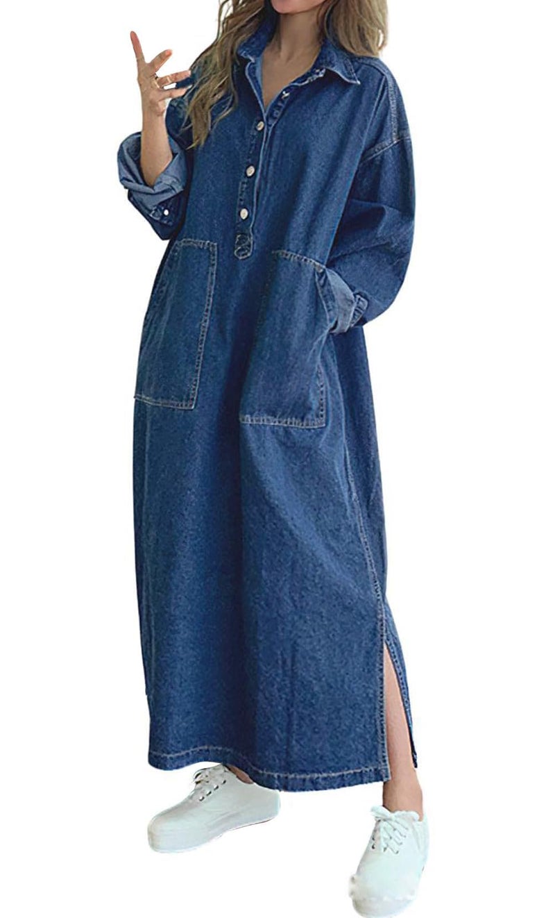 Jofemuho Womens Spring Fall Long Sleeve Denim Maxi Shirt Dress with Split - Image 1
