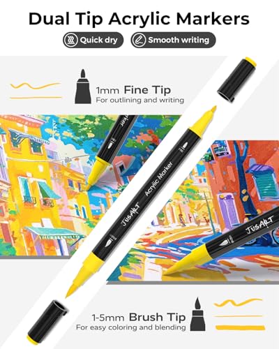 JusArt 60 Colors Dual Tip Acrylic Paint Pens Markers, Brush and Fine Tip, Premium Paint Pens for Wood, Canvas, Egg, Stone, Fabric, Rocks, Metal, Glass, Ceramic, DIY Crafts Making Art Supplies Gifts - Image 2