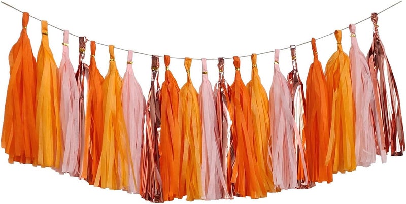 ZOOYOO Pink and Orange Shiny Tassel Garland Tissue Paper Tassel Banner,Table Decor,DIY Kits for Fall Autumn Thanksgiving Harvest, Tassels Party Decoration,Pack of 20(Orange,Light Pink,Rose Gold) - Image 1