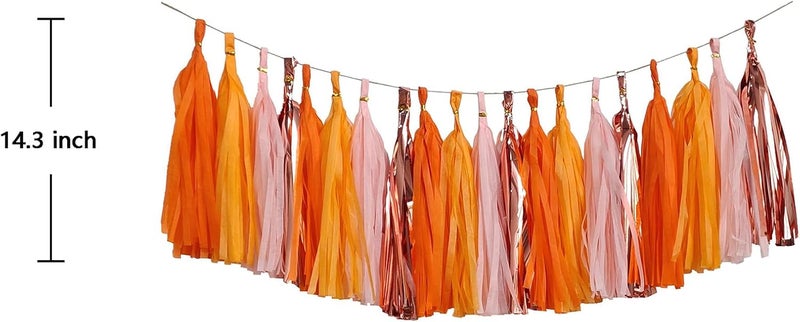ZOOYOO Pink and Orange Shiny Tassel Garland Tissue Paper Tassel Banner,Table Decor,DIY Kits for Fall Autumn Thanksgiving Harvest, Tassels Party Decoration,Pack of 20(Orange,Light Pink,Rose Gold) - Image 2