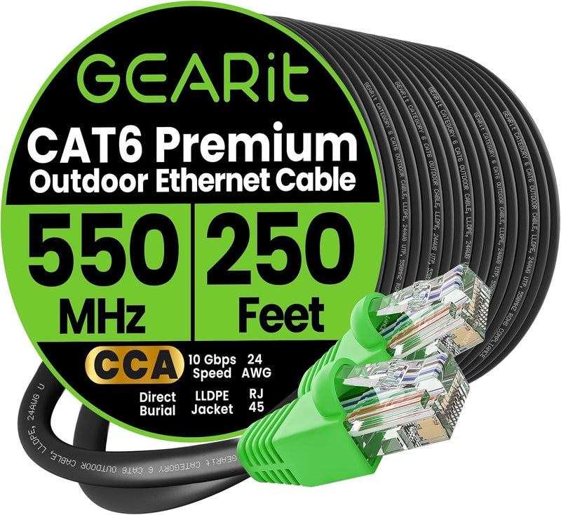 GearIT RJ45 Cat-6 Ethernet Patch Cable, 10Gpbs Transfer Speed, Gold-Plated Connectors, Copper Clad, Outdoor, UV Resistant, Direct Burial, Waterproof, Durable, 250 Foot (76.2 Meters), Black - Image 1
