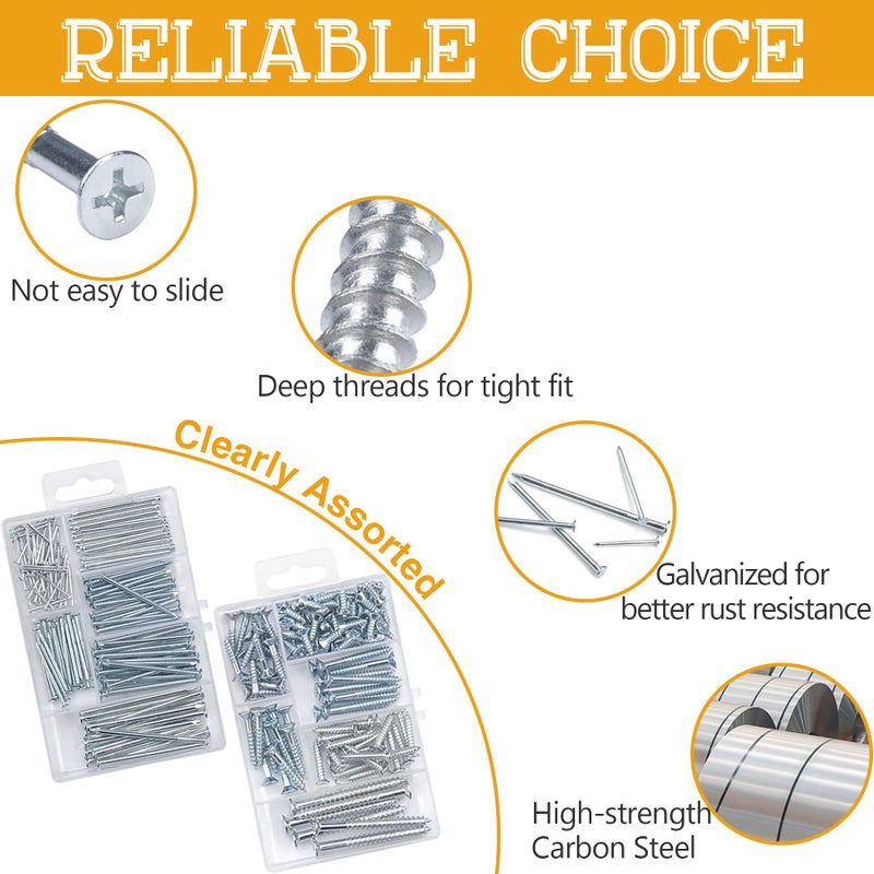 KURUI Hanging Nails and Wood Screws Assorted Kit 256PCS - 110 Philips Flat Head Screws, 146 Picture Hanging Nails, 6 Sizes Small Screws Assortment With Organizer Box - Image 3