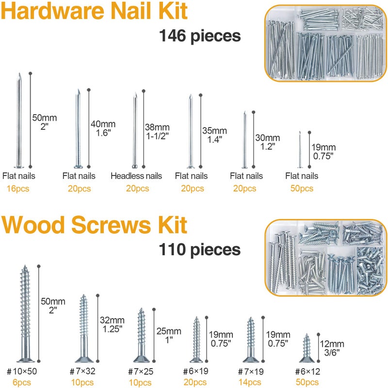 KURUI Hanging Nails and Wood Screws Assorted Kit 256PCS - 110 Philips Flat Head Screws, 146 Picture Hanging Nails, 6 Sizes Small Screws Assortment With Organizer Box - Image 2