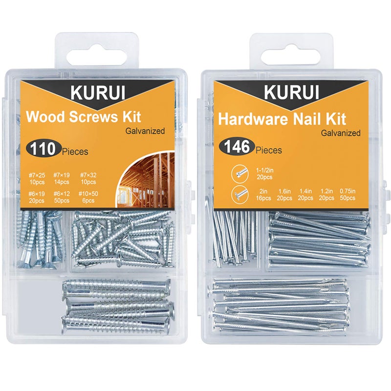 KURUI Hanging Nails and Wood Screws Assorted Kit 256PCS - 110 Philips Flat Head Screws, 146 Picture Hanging Nails, 6 Sizes Small Screws Assortment With Organizer Box - Image 1