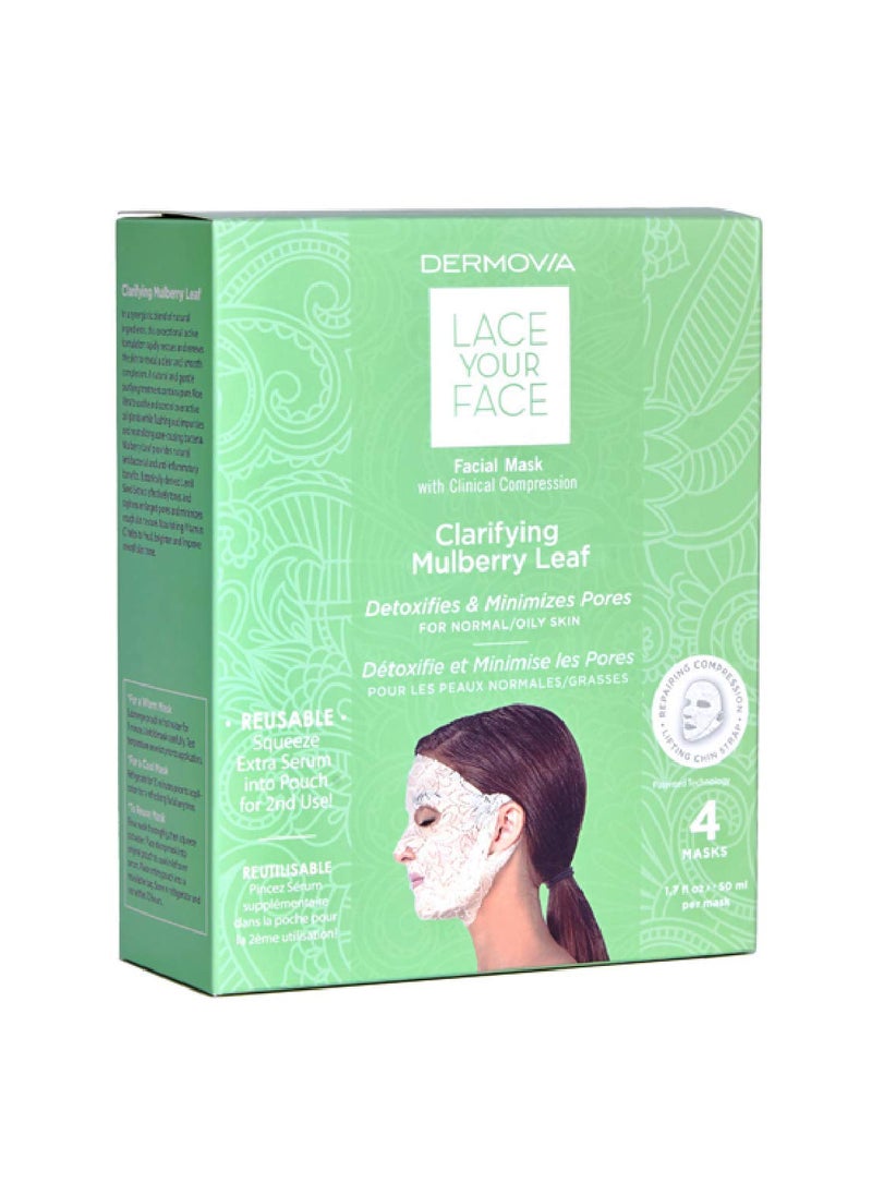 DERMOVIA LACE YOUR FACE Patented Compression Facial Mask AS SEEN ON SHARK TANK Reusable Biodegradable Cotton Anti Aging Skin Care Clarifying Mulberry 4 pack 