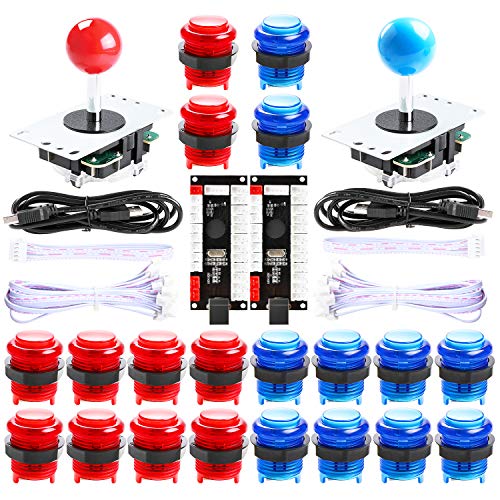 Qenker 2-Player LED Arcade DIY Kit for USB MAME PC Game DIY & Raspberry Pi Retro Controller DIY Including 2X Arcade Joystick, 20x LED Arcade Buttons, 2X Zero Delay USB Encoder (Blue & Red) - Image 1