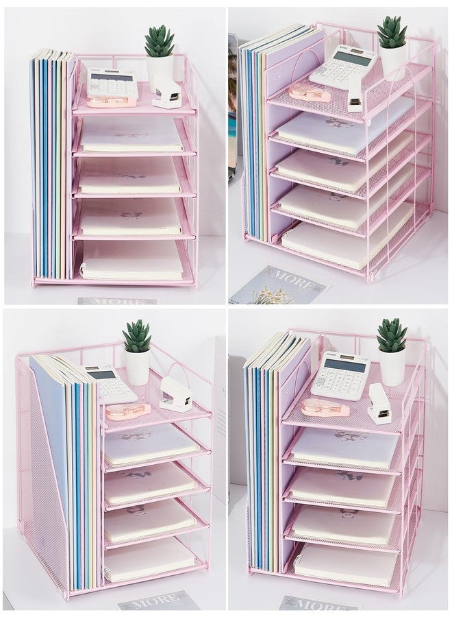 LEKETREE Desk Organizers and Accessories, 5-Tier Paper Letter Tray Organizer with File Holder, Desktop Organizer for Office Supplies (Pink) - Image 4