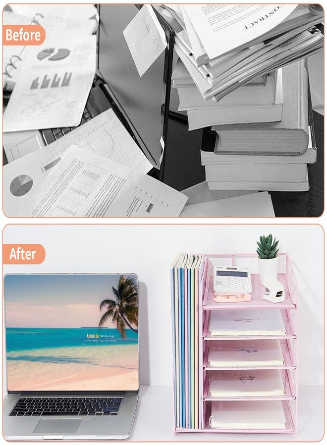 LEKETREE Desk Organizers and Accessories, 5-Tier Paper Letter Tray Organizer with File Holder, Desktop Organizer for Office Supplies (Pink) - Image 2