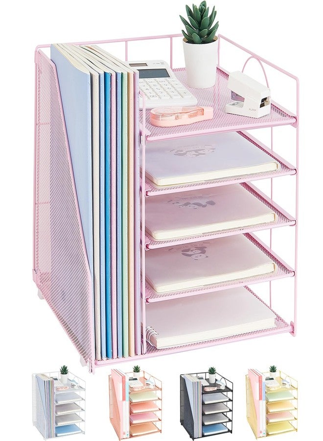 LEKETREE Desk Organizers and Accessories, 5-Tier Paper Letter Tray Organizer with File Holder, Desktop Organizer for Office Supplies (Pink) - Image 1