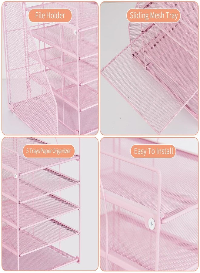 LEKETREE Desk Organizers and Accessories, 5-Tier Paper Letter Tray Organizer with File Holder, Desktop Organizer for Office Supplies (Pink) - Image 5