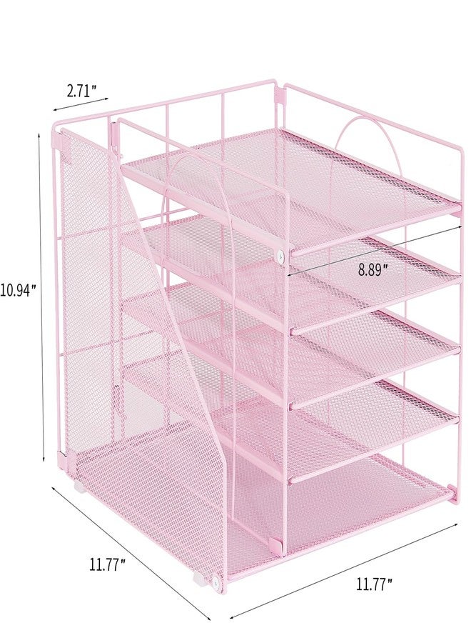 LEKETREE Desk Organizers and Accessories, 5-Tier Paper Letter Tray Organizer with File Holder, Desktop Organizer for Office Supplies (Pink) - Image 3