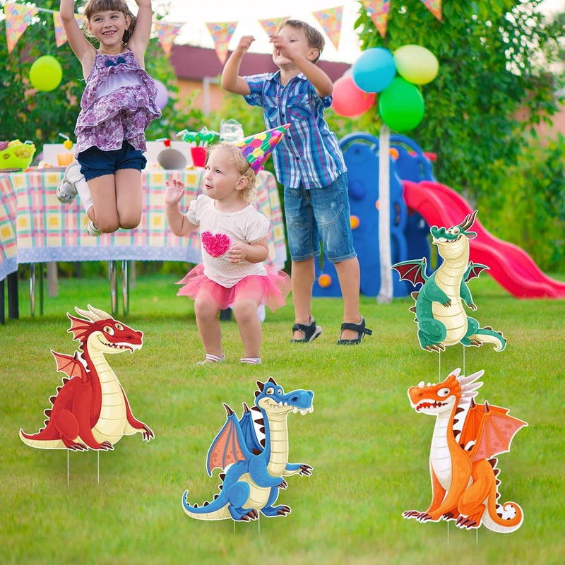Marsui 4 Pieces Dragon Party Decorations Dinosaur Birthday Yard Sign Outdoor Garden Decor Cute Cartoon Lawn Sign Supplies with 8 Stakes for Kids Birthday Party Lawn Garden Decorative - Image 2