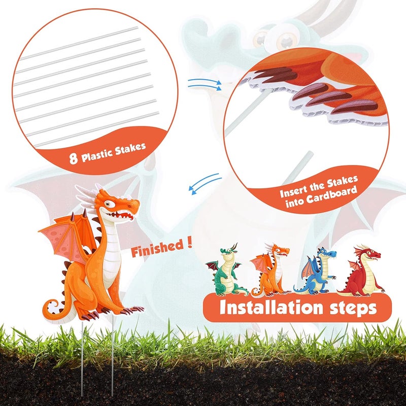 Marsui 4 Pieces Dragon Party Decorations Dinosaur Birthday Yard Sign Outdoor Garden Decor Cute Cartoon Lawn Sign Supplies with 8 Stakes for Kids Birthday Party Lawn Garden Decorative - Image 4