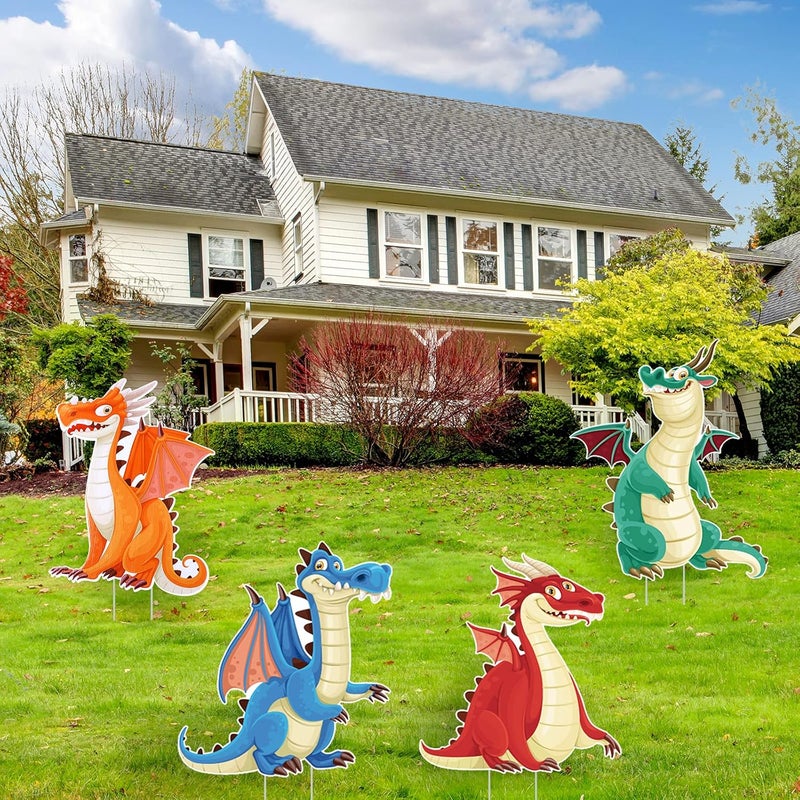 Marsui 4 Pieces Dragon Party Decorations Dinosaur Birthday Yard Sign Outdoor Garden Decor Cute Cartoon Lawn Sign Supplies with 8 Stakes for Kids Birthday Party Lawn Garden Decorative - Image 1