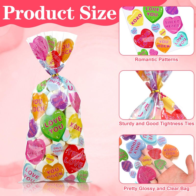 Yeyeplum 480 Pcs Valentine's Day Conversation Heart Cellophane Bags Bulk Set 240 Valentines Treat Clear Goodie Gift Bags with 240 Twist Ties for Valentines Wedding Party Favor Supplies - Image 3