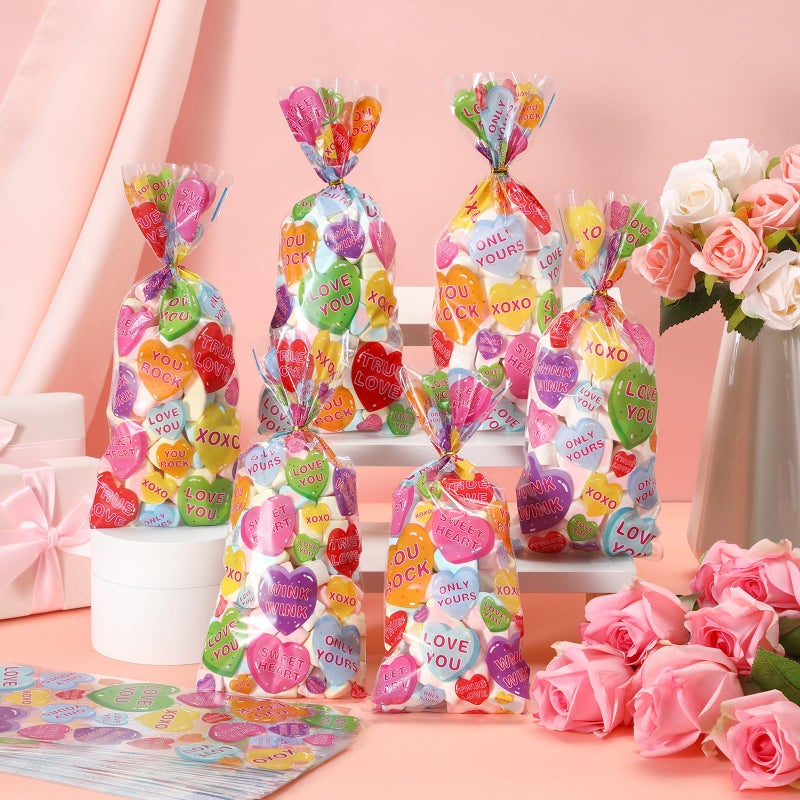 Yeyeplum 480 Pcs Valentine's Day Conversation Heart Cellophane Bags Bulk Set 240 Valentines Treat Clear Goodie Gift Bags with 240 Twist Ties for Valentines Wedding Party Favor Supplies - Image 4