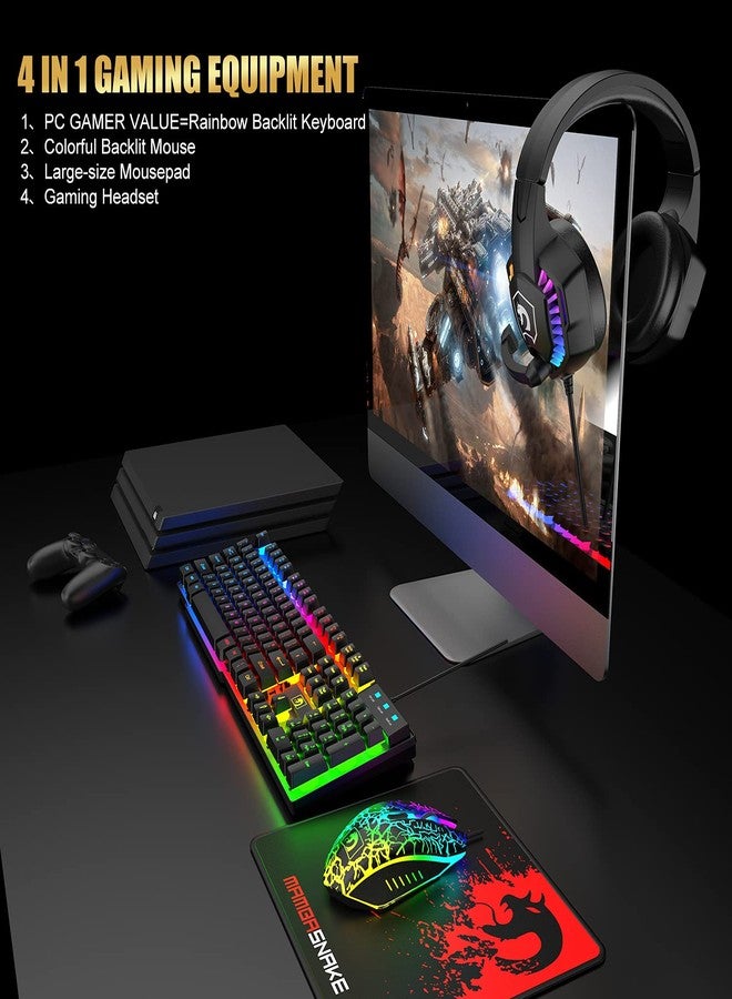 MANBASNAKE Wired Gaming Keyboard and Mouse Headset Combo,Rainbow LED Backlit Wired Keyboard,Over Ear Headphone with Mic,Rainbow Backlit Gaming Mice,Mouse Pad,for PC,Laptop,Mac,PS4,Xbox(Black) - Image 2