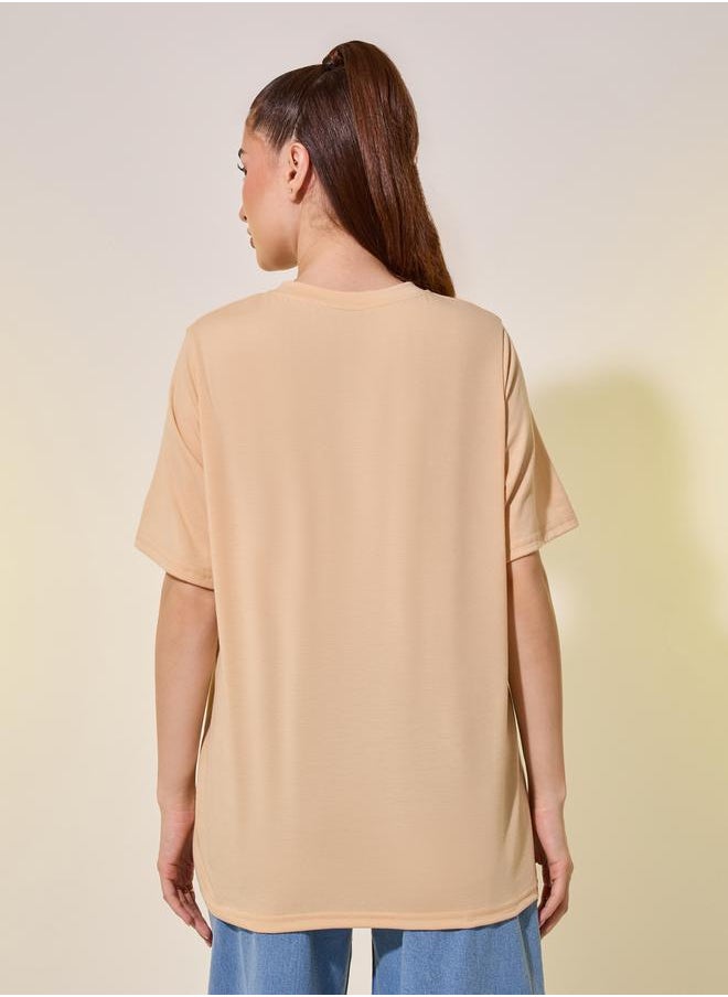 Take Two - Beige Embroidered Detail Short Sleeve Regular Fit T-Shirt - Image 1