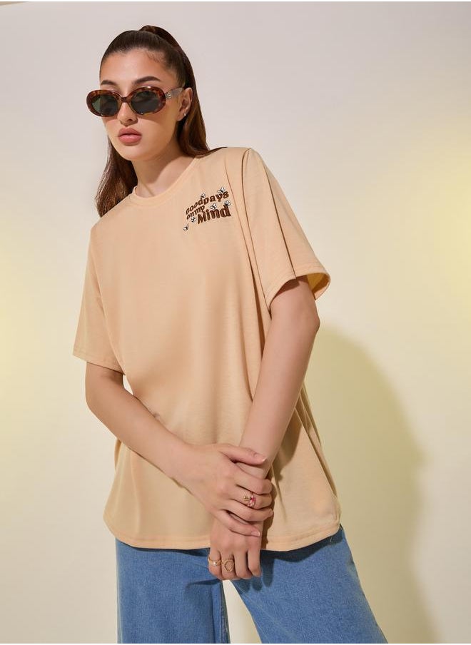 Take Two - Beige Embroidered Detail Short Sleeve Regular Fit T-Shirt - Image 1