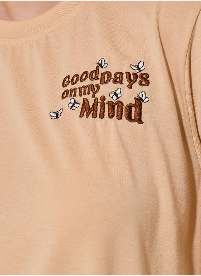 Take Two - Beige Embroidered Detail Short Sleeve Regular Fit T-Shirt - Image 1