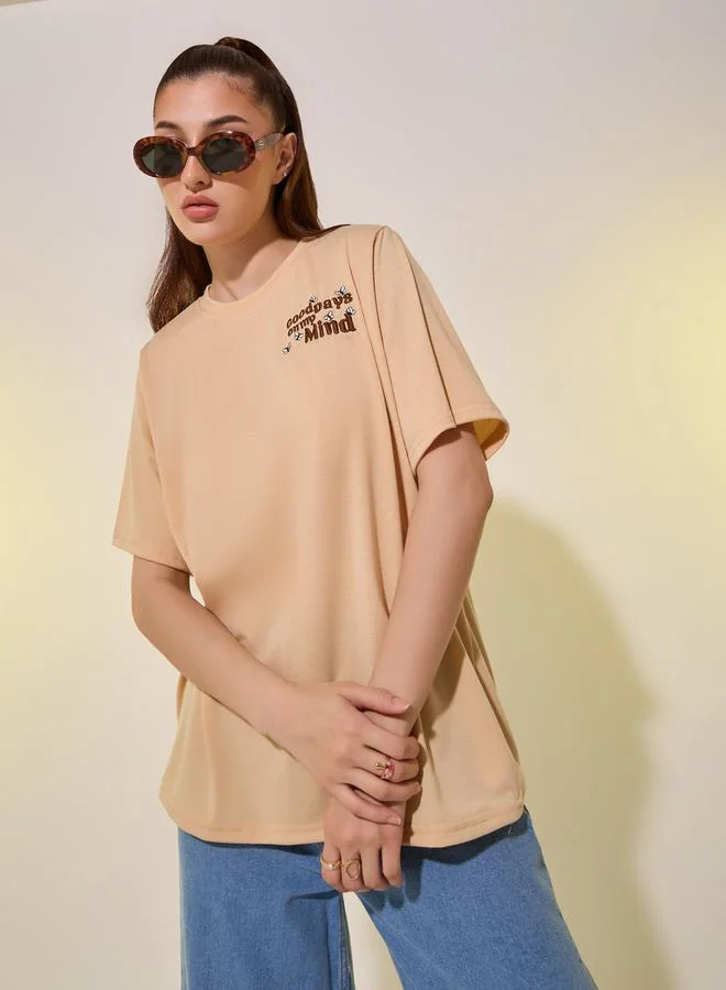 Take Two Beige Embroidered Detail Short Sleeve Regular Fit T-Shirt