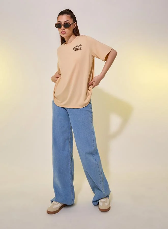 Take Two Beige Embroidered Detail Short Sleeve Regular Fit T-Shirt