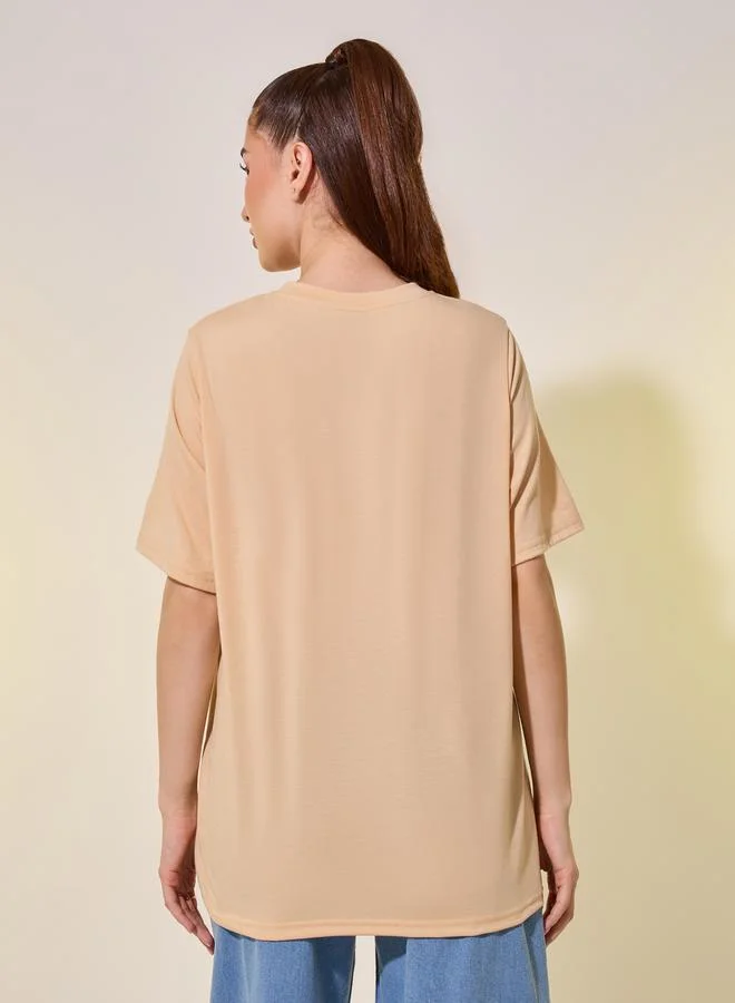 Take Two Beige Embroidered Detail Short Sleeve Regular Fit T-Shirt
