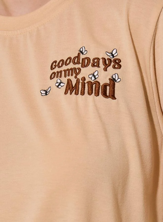 Take Two Beige Embroidered Detail Short Sleeve Regular Fit T-Shirt