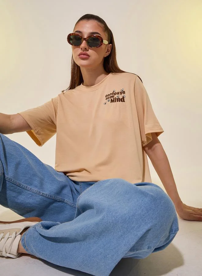 Take Two Beige Embroidered Detail Short Sleeve Regular Fit T-Shirt