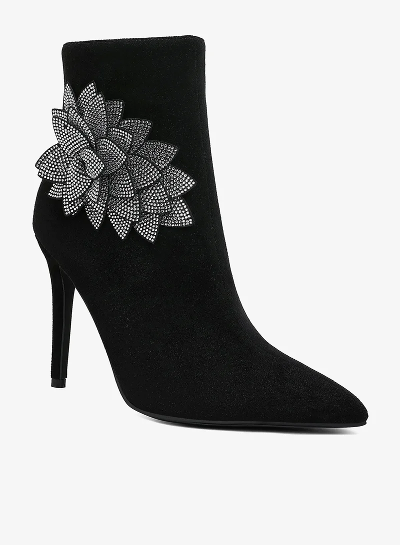 London Rag Rhinestones Petal Detail Boots in Black
