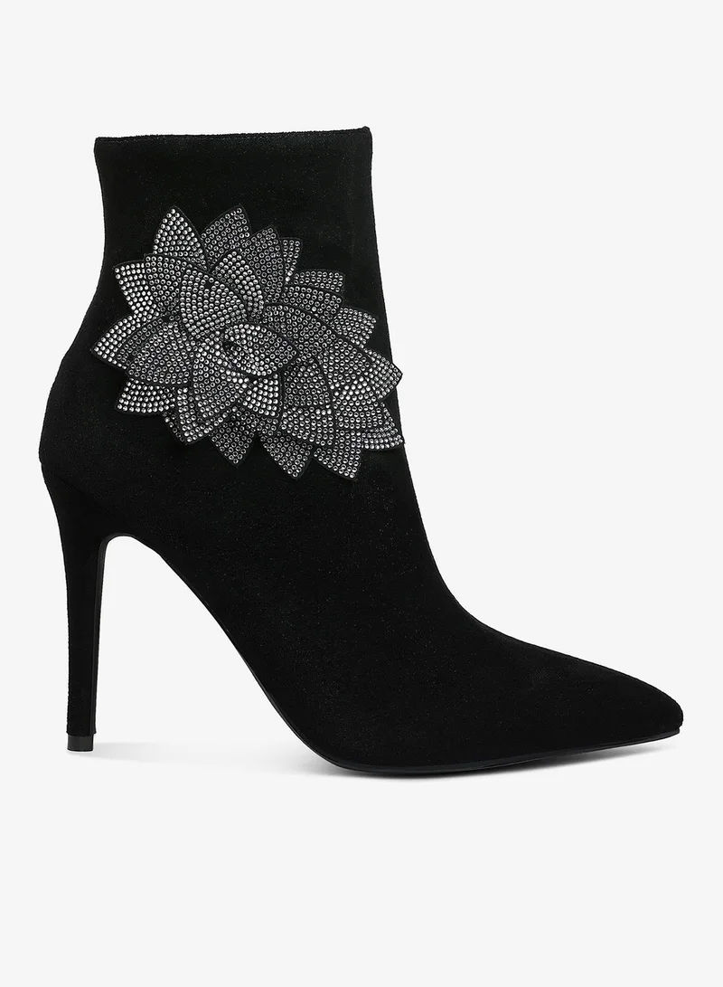Rhinestones Petal Detail Boots in Black