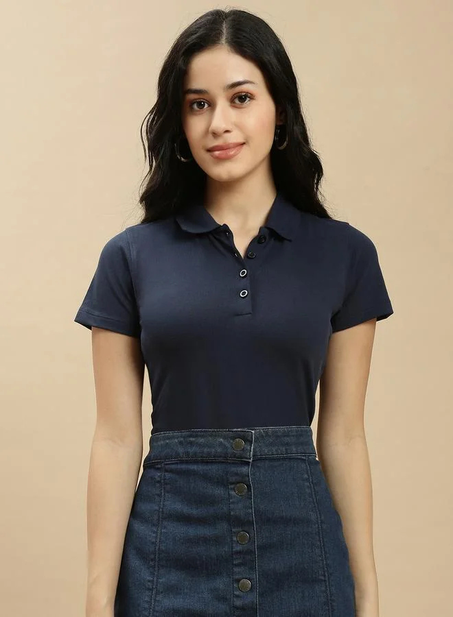 ECOLORE Navy Blue Solid Short Sleeves Polo Top