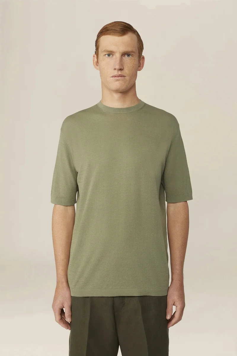 Men's knitted T-shirt in 100% cotton crepe - Sage Green