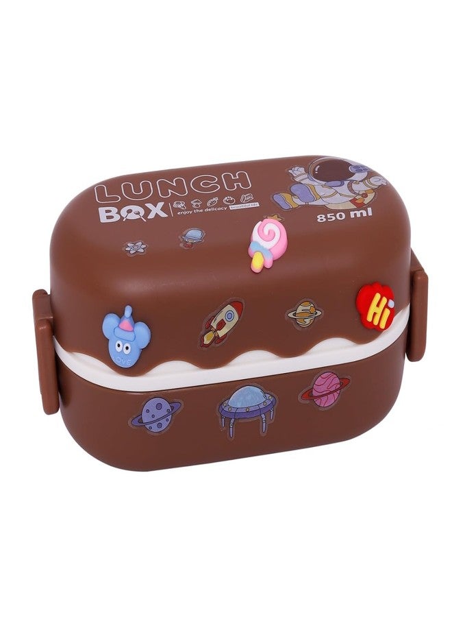 KAPO Double-Layered Bento Microwaveable Plastic Lunch Box Two Compartments with Spoon BPA Fre 850 ML with DIY Cute Stickers (Brown) - Image 1