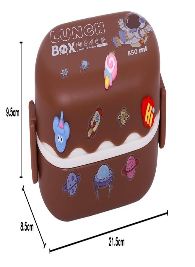 KAPO Double-Layered Bento Microwaveable Plastic Lunch Box Two Compartments with Spoon BPA Fre 850 ML with DIY Cute Stickers (Brown) - Image 2