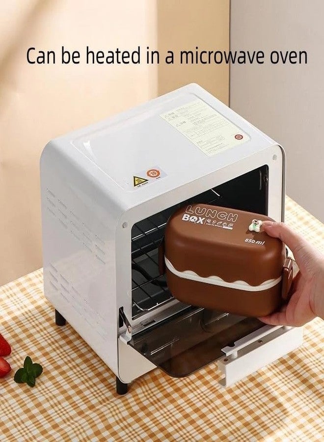 KAPO Double-Layered Bento Microwaveable Plastic Lunch Box Two Compartments with Spoon BPA Fre 850 ML with DIY Cute Stickers (Brown) - Image 4