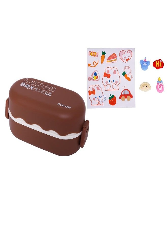 KAPO Double-Layered Bento Microwaveable Plastic Lunch Box Two Compartments with Spoon BPA Fre 850 ML with DIY Cute Stickers (Brown) - Image 3