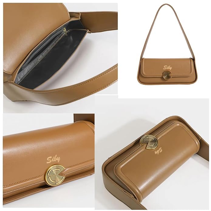 SIBY Women's Brown Underarm Bag |PU Leather Shoulder Tote Handbag with Wide Straps and Metal Lock |Mini Design Handbag- Brown - Image 3