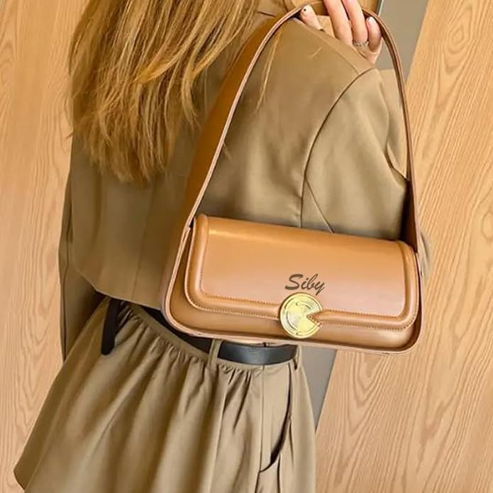 SIBY Women's Brown Underarm Bag |PU Leather Shoulder Tote Handbag with Wide Straps and Metal Lock |Mini Design Handbag- Brown - Image 2
