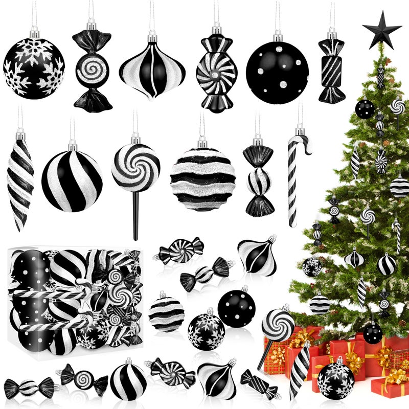 Fayoo Christmas Ornaments Candy Lollipop Set -48Pcs for Xmas Tree Decoration Hanging Plastic Gloss Candy Canes Ball Pendants for New Year Home Decor Party Supplies (Black) - Image 1