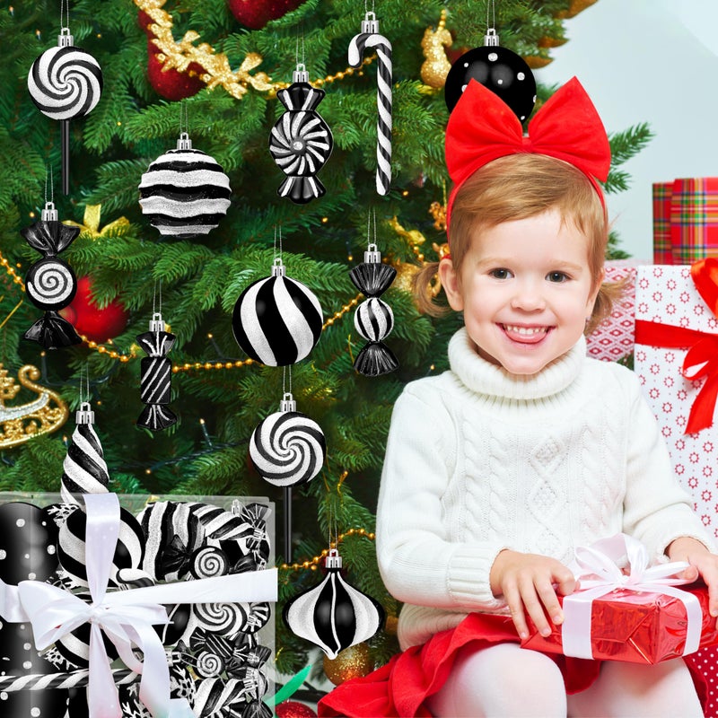 Fayoo Christmas Ornaments Candy Lollipop Set -48Pcs for Xmas Tree Decoration Hanging Plastic Gloss Candy Canes Ball Pendants for New Year Home Decor Party Supplies (Black) - Image 4