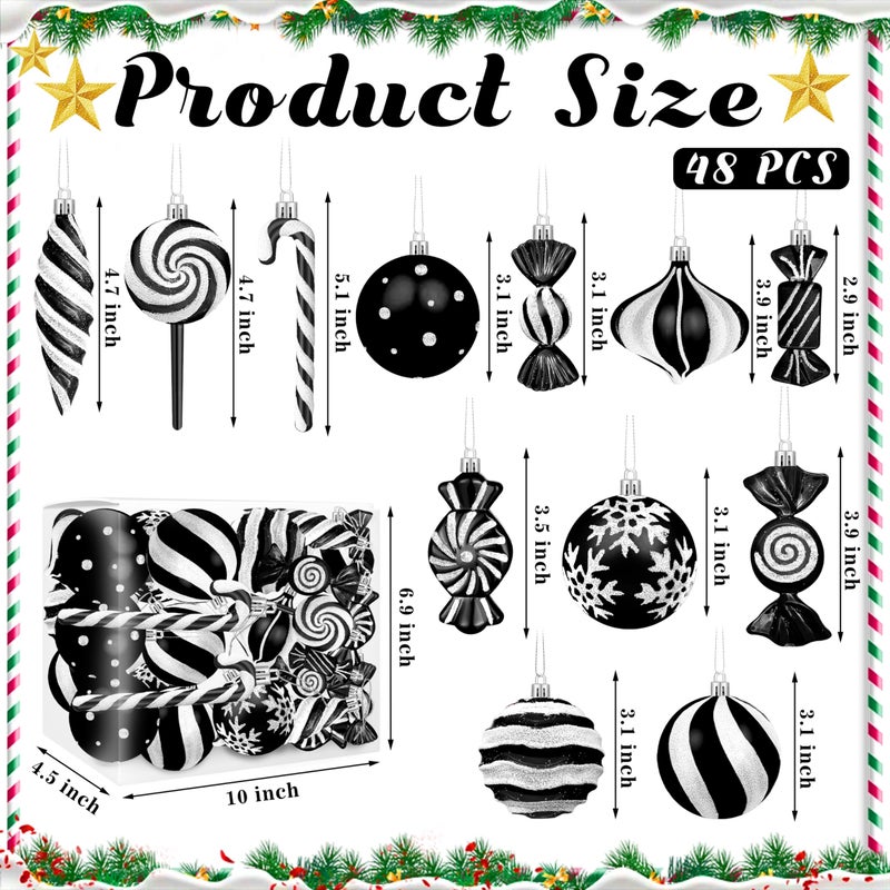 Fayoo Christmas Ornaments Candy Lollipop Set -48Pcs for Xmas Tree Decoration Hanging Plastic Gloss Candy Canes Ball Pendants for New Year Home Decor Party Supplies (Black) - Image 2