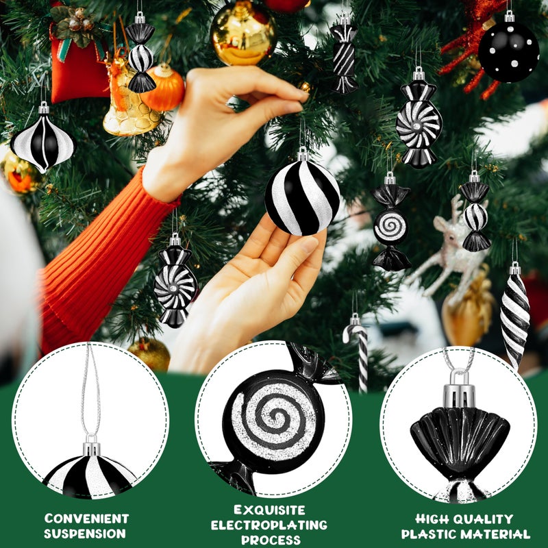 Fayoo Christmas Ornaments Candy Lollipop Set -48Pcs for Xmas Tree Decoration Hanging Plastic Gloss Candy Canes Ball Pendants for New Year Home Decor Party Supplies (Black) - Image 3