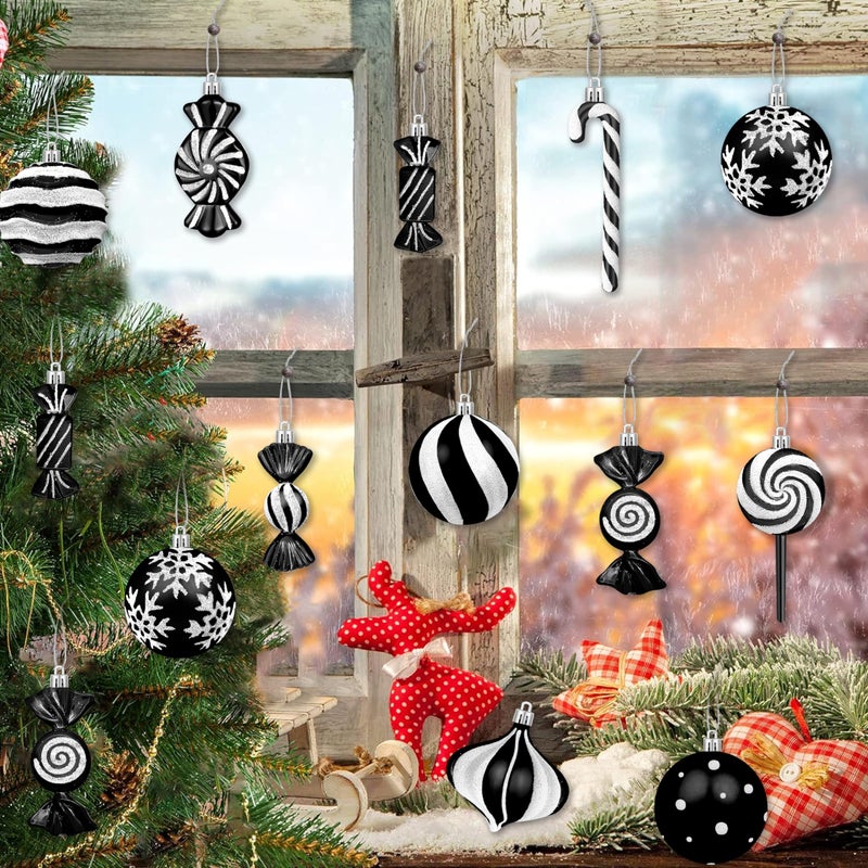 Fayoo Christmas Ornaments Candy Lollipop Set -48Pcs for Xmas Tree Decoration Hanging Plastic Gloss Candy Canes Ball Pendants for New Year Home Decor Party Supplies (Black) - Image 5